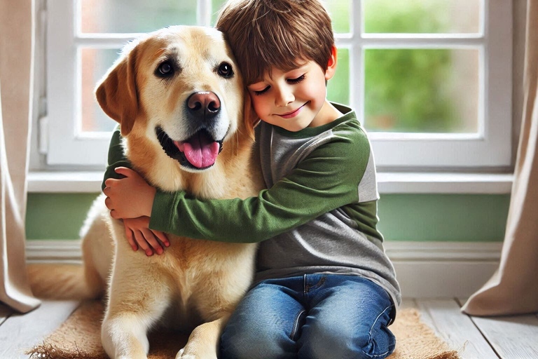 A cute boy with autism hugs his service dog