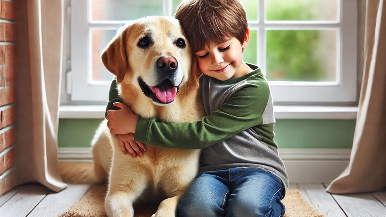 A cute boy with autism hugs his service dog