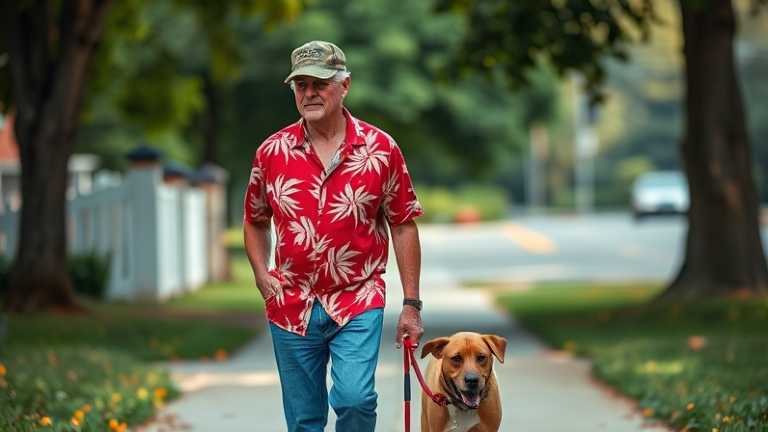 A veteran walks his dog down a sidewalk