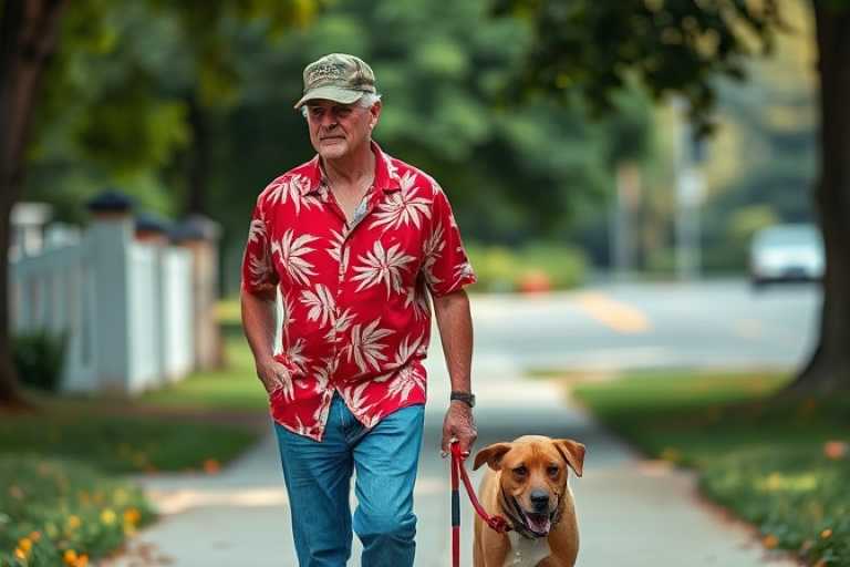 A veteran walks his dog down a sidewalk