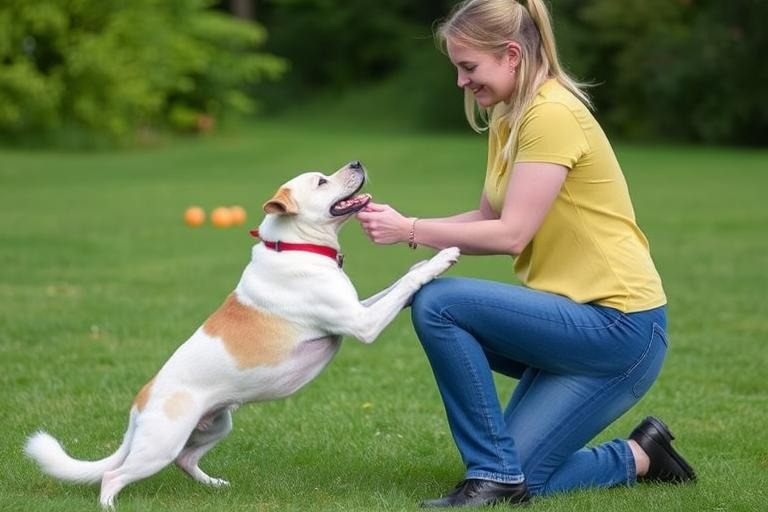 A happy dog trainer reinforces good behavior with the Yes Method