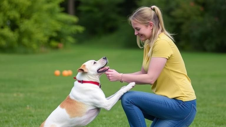 A happy dog trainer reinforces good behavior with the Yes Method